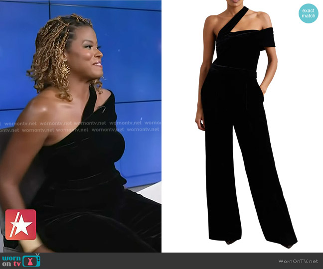 Reiss Daria Velvet Jumpsuit worn by Cassandra Freeman on Access Hollywood