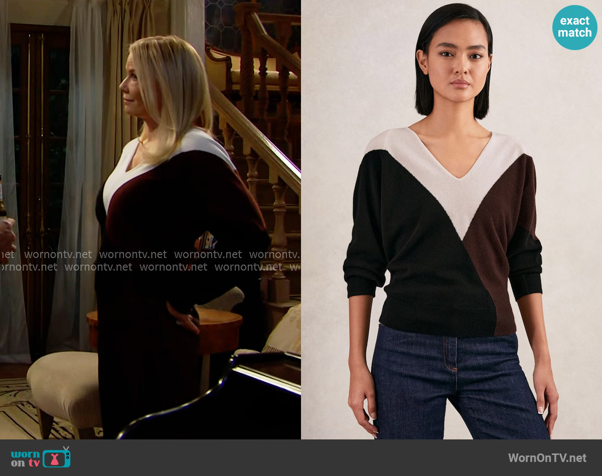Reiss June Sweater in Black/Burgundy/Cream worn by Brooke Logan (Katherine Kelly Lang) on The Bold and the Beautiful