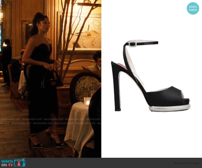 Roger Vivier Viv Choc Strass Platform Sandals in Satin worn by Mindy Chen (Ashley Park) on Emily in Paris