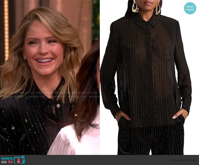 Ronny Kobo Lune Crystal-Pinstriped Semi-Sheer Blouse worn by Sara Haines on The View