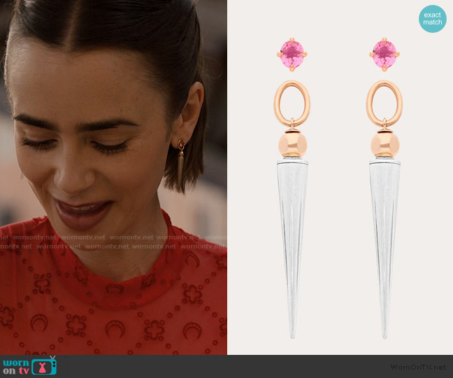 Rouvenat Pampille 18K Gold Recycled Sterling Silver and Pink Spinel Spike Earrings worn by Emily Cooper (Lily Collins) on Emily in Paris