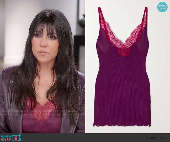 Saint Laurent Lace-trimmed ribbed silk tank worn by Kourtney Kardashian (Kourtney Kardashian) on The Kardashians