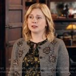 Sam’s floral dress and grey embellished cardigan on Ghosts