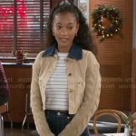 Samantha’s tan jacket with cable-knit sleeves on Beyond the Gates