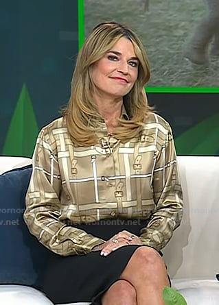 Savannah’s beige belt print button down blouse on Today