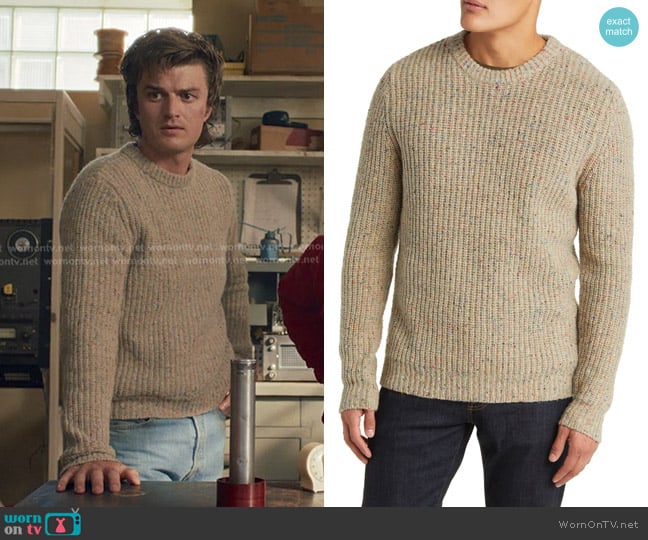 Schott NYC Donegal Wool Blend Sweater in Tan worn by  Steve Harrington (Joe Keery) on Stranger Things