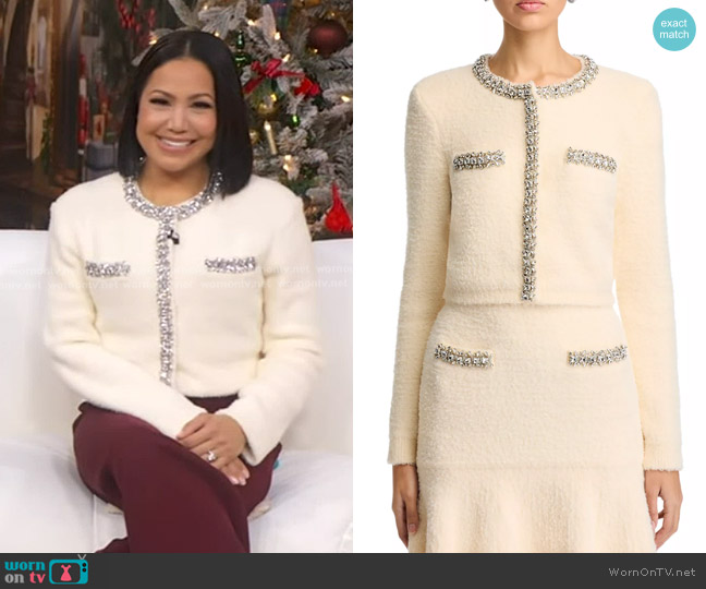 Self Portrait Cream Rhinestone Trim Knit Cardigan in Cream worn by Stephanie Ramos on Good Morning America