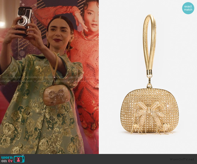 Self Portrait Gold Crystal Top Handle Clutch Bag worn by Emily Cooper (Lily Collins) on Emily in Paris