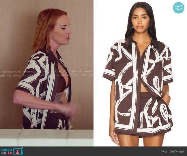 Seroya Davey Satin Blouse in Coconut Script worn by Whitney Rose on The Real Housewives of Salt Lake City