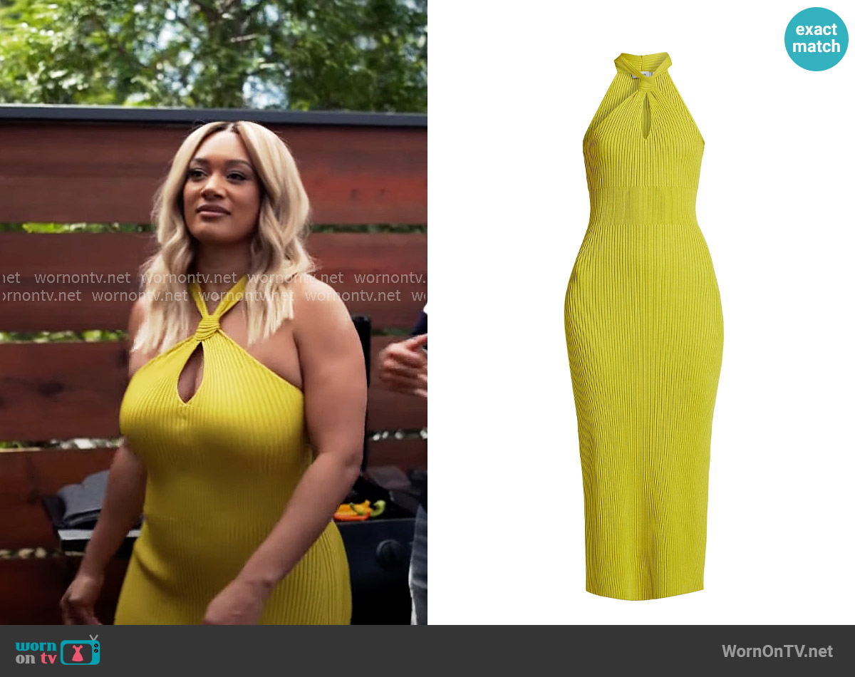 Simkhai Celaena Rib-Knit Halter Midi-Dress in Yellow Plum worn by Fatima (Crystal Hayslett) on Tyler Perrys Sistas