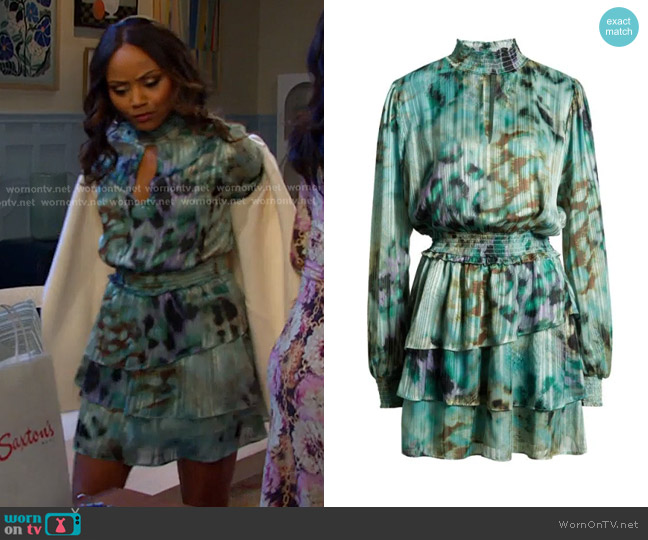 Socialite Print Metallic Smocked Minidress in Green/olive worn by Chanel Dupree (Raven Bowens) on Days of our Lives