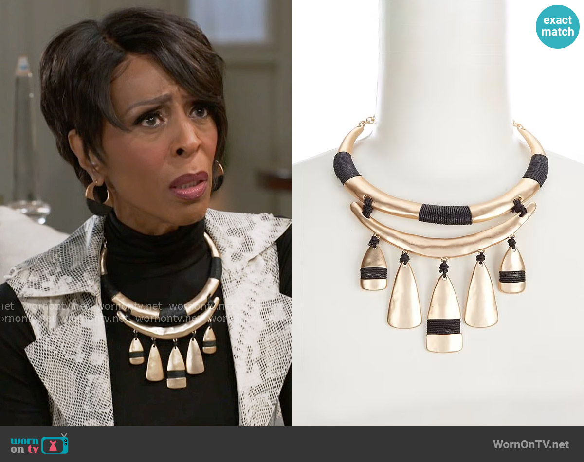 Southern Living Cord Wrapped Bar Sculptural Necklace worn by Sharon Winger (Bonita Brisker) on Beyond the Gates