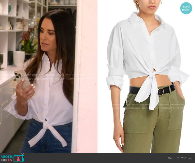Staud Lisa Poplin Tie Crop Shirt worn by Kyle Richards on The Real Housewives of Beverly Hills