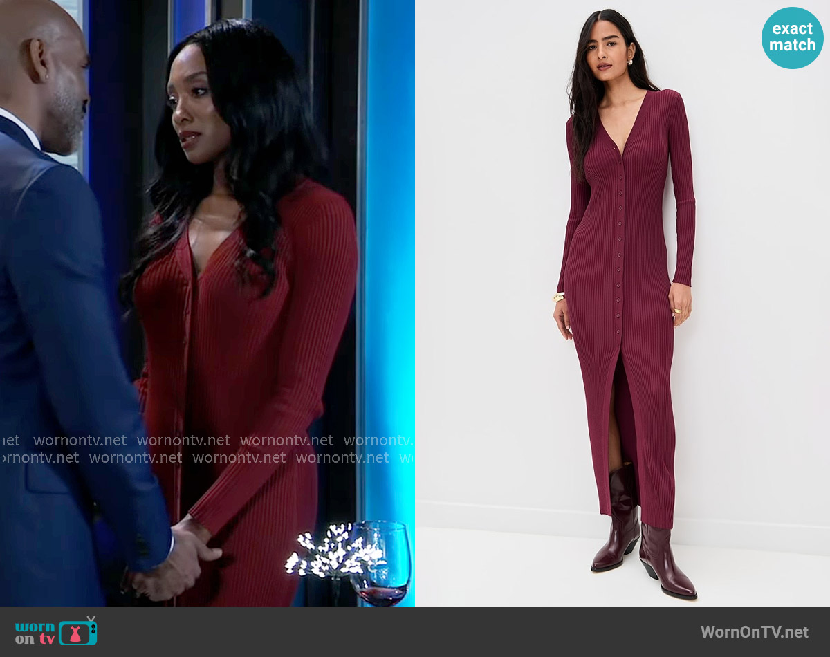 Staud Shoko Rib-Knit Button-Front Maxi Dress in Crimson worn by Jordan Ashford (Tanisha Mariko Harper) on General Hospital