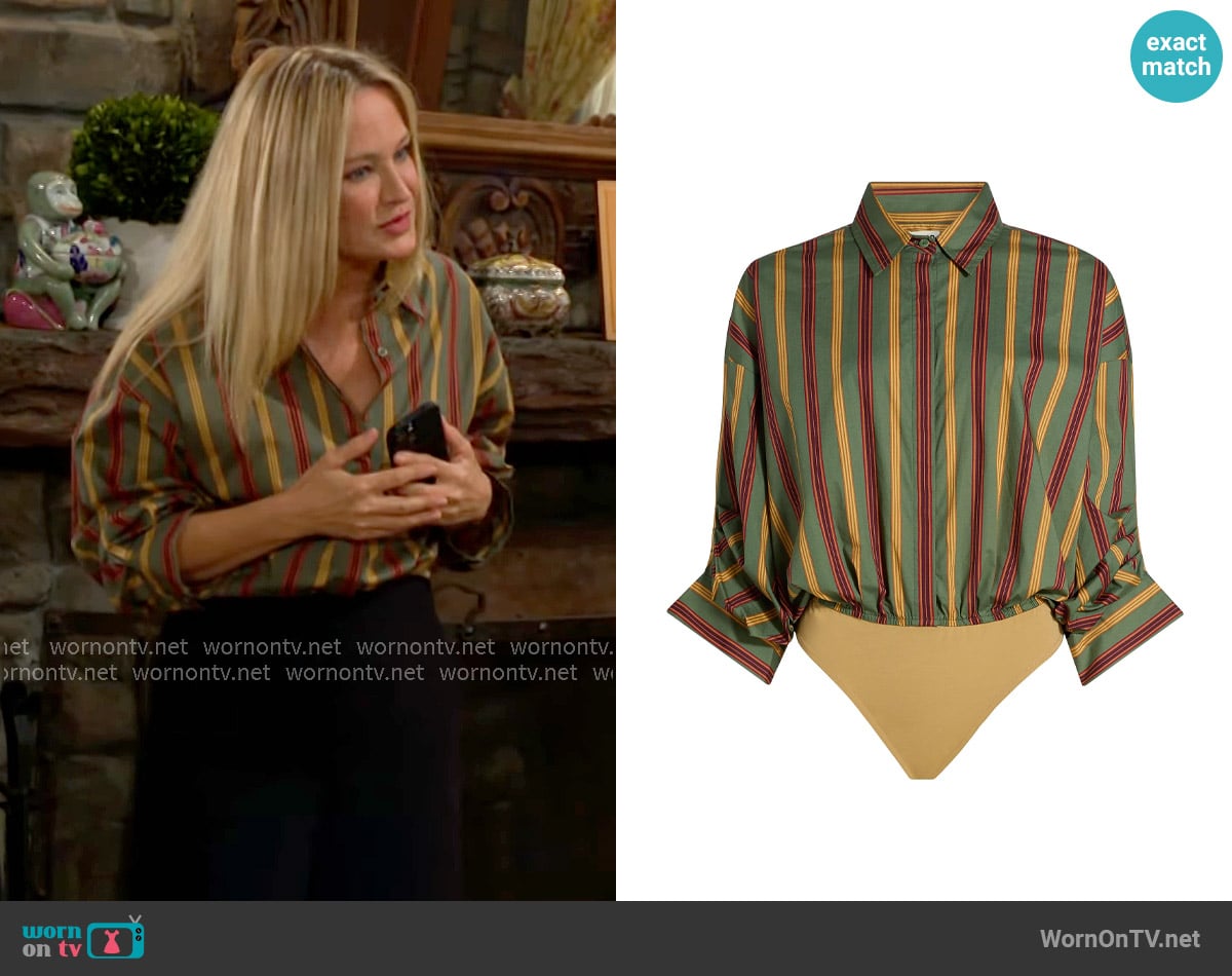 Staud Traverse Bodysuit in Trailblazer Stripe worn by Sharon Newman (Sharon Case) on The Young and the Restless
