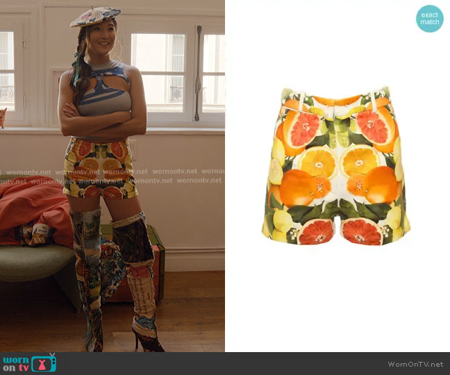 Stella McCartney Citrus Print Cotton Mini Shorts worn by Mindy Chen (Ashley Park) on Emily in Paris