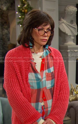 Susan’s plaid shirt and pink knit cardigan on Days of our Lives