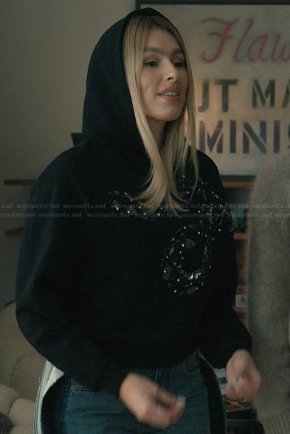 Sveta’s black snake embellished hoodie on Elsbeth