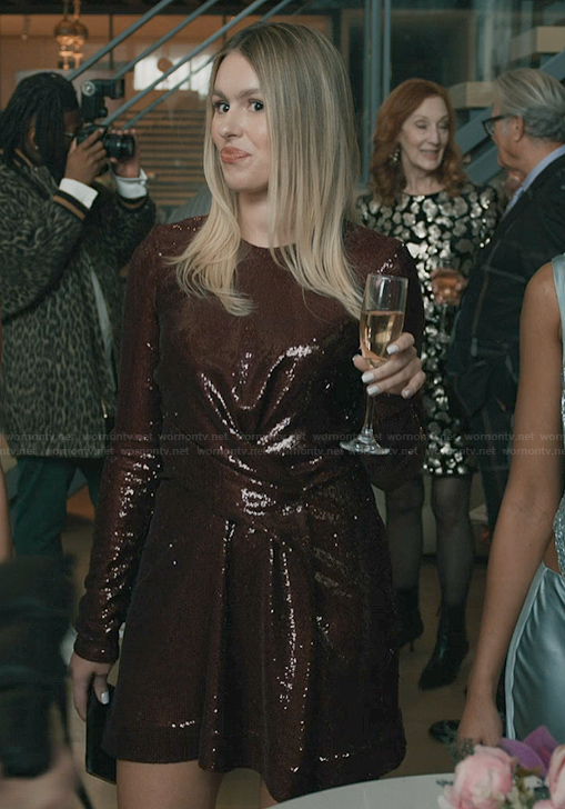 Sveta’s burgundy sequin dress on Elsbeth