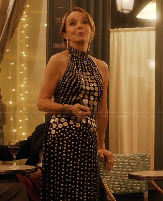 Sylvie’s black sequin top and skirt on Emily in Paris