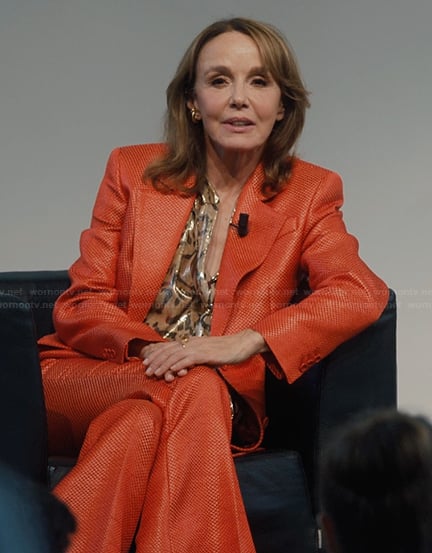 Sylvie’s red metallic blazer and pants on Emily in Paris