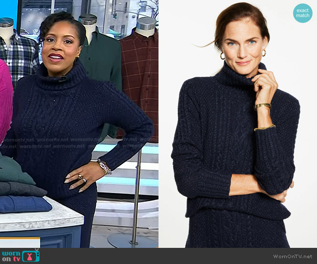 Talbots Metallic Cable Knit Turtleneck Sweater in Indigo Blue worn by Sheinelle Jones on Today