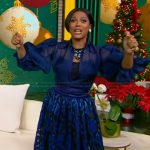Tamron’s blue mixed media floral dress on Tamron Hall Show