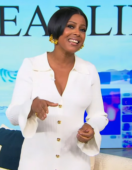 Tamron’s white ribbed button front dress on Tamron Hall Show
