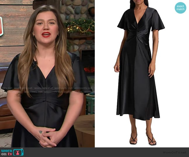 Tanya Taylor Daphne Ruched Satin Midi-Dress worn by Kelly Clarkson on The Kelly Clarkson Show