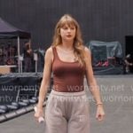 Taylor Swift’s brown tank top and TTPD sweatpants on The End of an Era