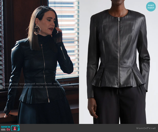 The Row Anasta Bonded Leather Jacket worn by Carrington Lane (Sarah Paulson) on Alls Fair