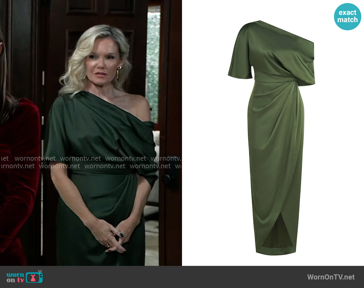 Theia Rayna One-Shoulder Gown in Moss Green worn by Ava Jerome (Maura West) on General Hospital