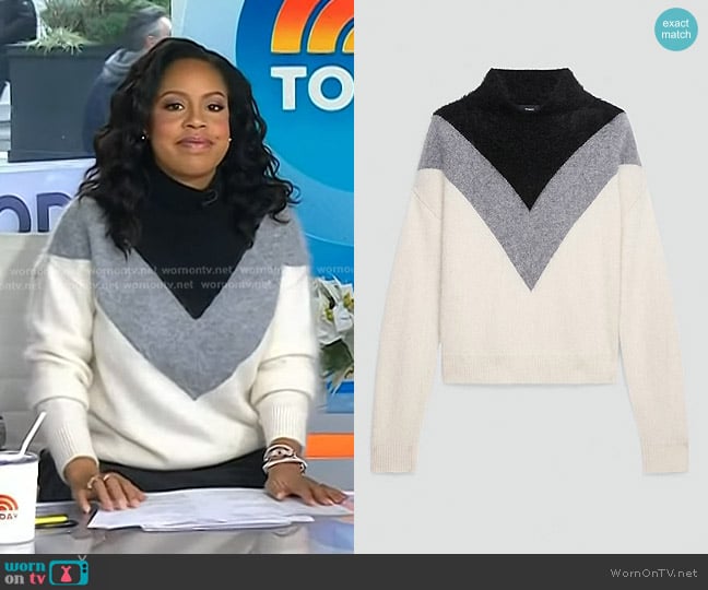 Theory Chevron Turtleneck Sweater in Airy Cashmere worn by Sheinelle Jones on Today
