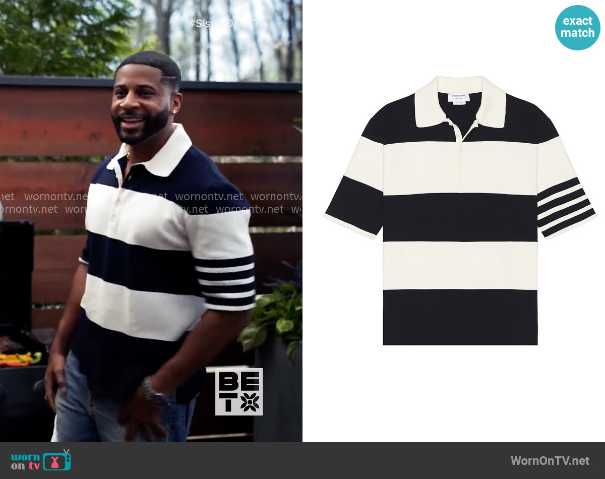 Thom Browne Rugby Stripe Short Sleeve Polo worn by Zac Taylor (Devale Ellis) on Tyler Perrys Sistas