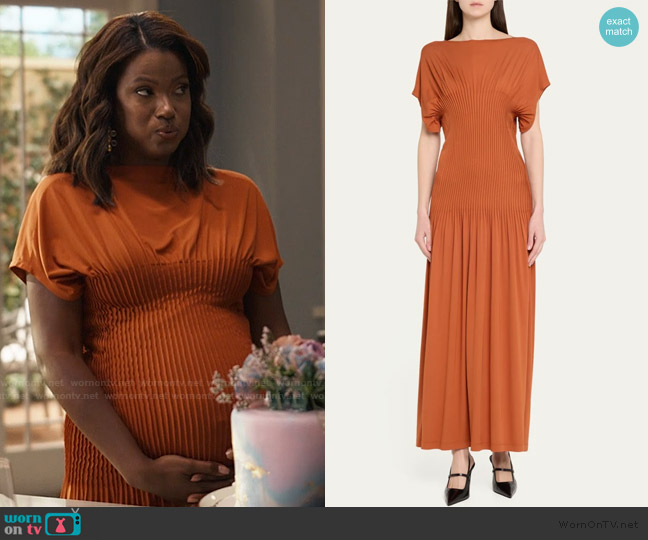 Toteme Jersey Pleated Cap-Sleeve Maxi Dress worn by Vivian Banks (Cassandra Freeman) on Bel-Air