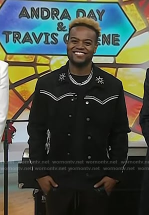 Travis Greene’s black embellished suede jacket on Today