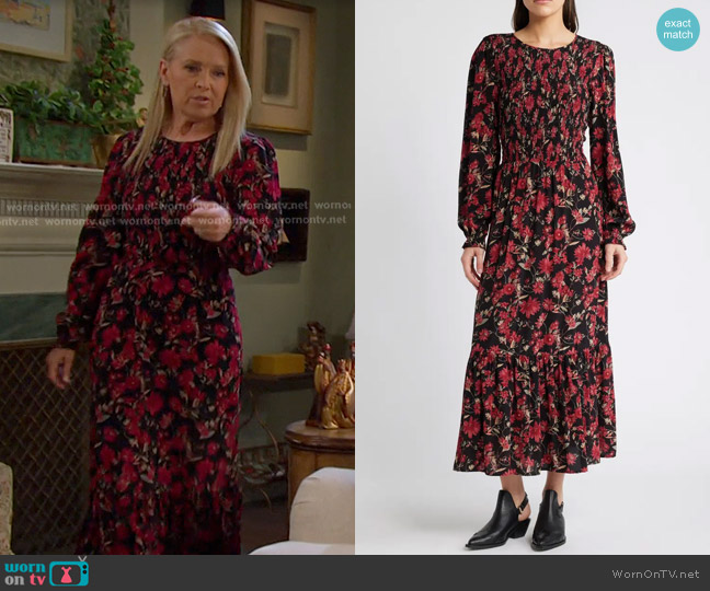 Treasure & Bond Floral Print Smocked Bodice Dress in Black- Red Botanist worn by Jennifer Horton (Melissa Reeves) on Days of our Lives