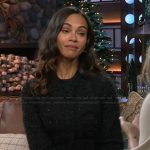 Zoe Saldana’s black tweed jacket and skirt on The Kelly Clarkson Show