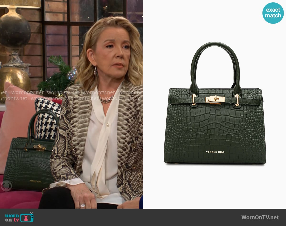Verano Hill Marseille Handbag in Sage Green worn by Nikki Reed Newman (Melody Thomas-Scott) on The Young and the Restless