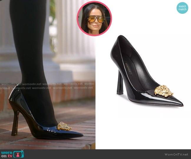 Versace La Medusa Patent-leather Pumps worn by Kyle Richards on The Real Housewives of Beverly Hills