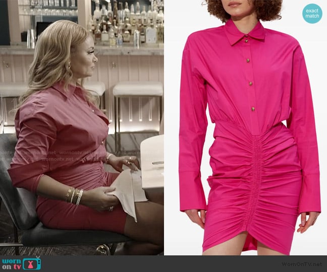 Versace Stretch Cotton Ruched Mini Shirtdress worn by Gizelle Bryant on The Real Housewives of Potomac