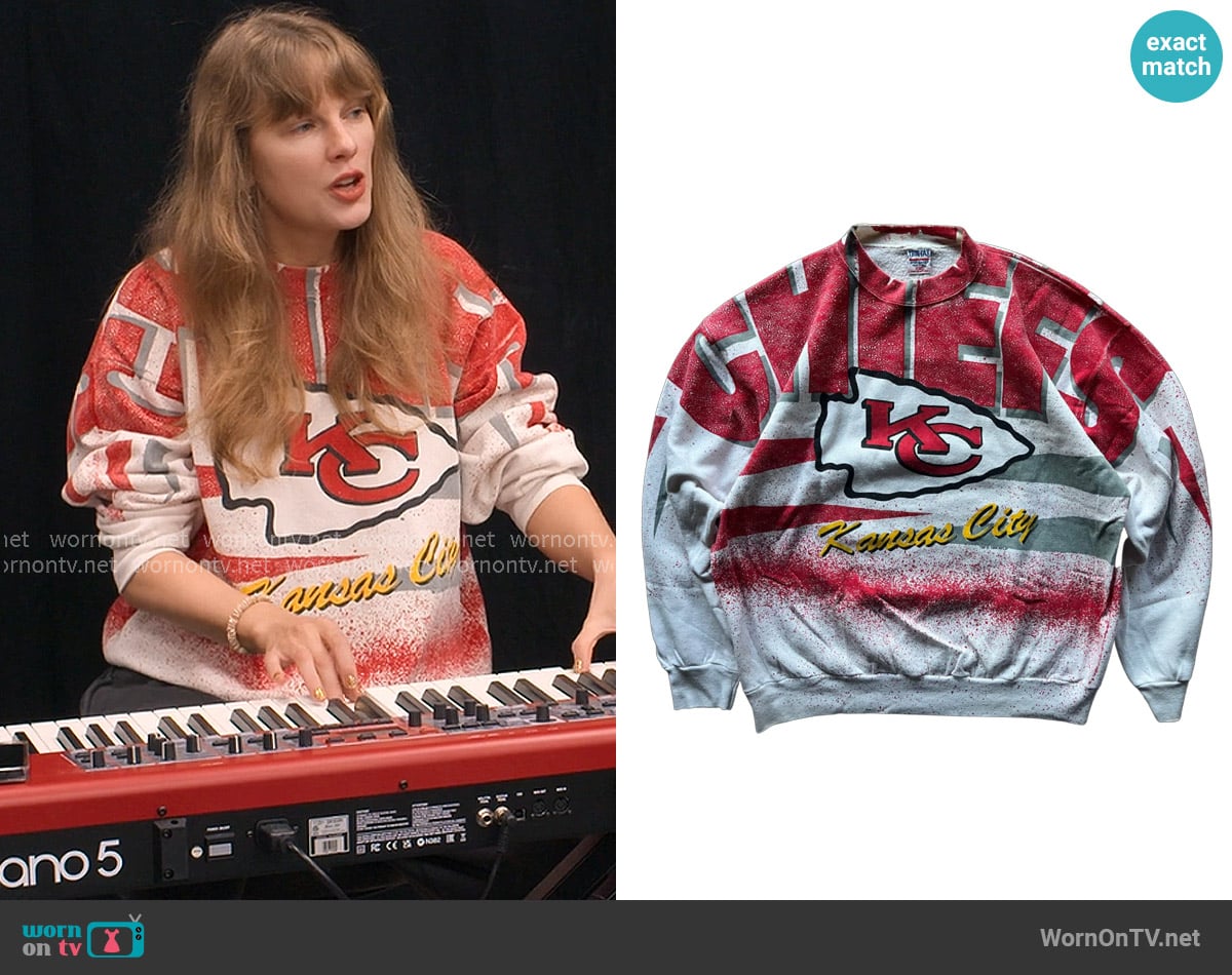 Vintage 90s AOP KC Chiefs Sweatshirt worn by Taylor Swift on The End of an Era