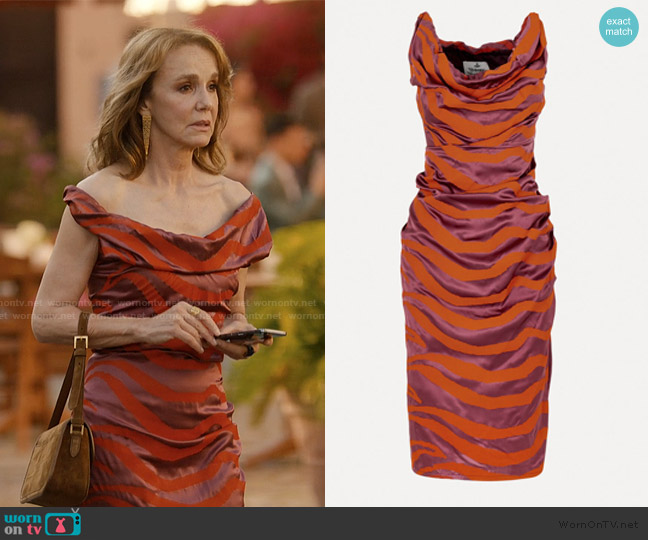 Vivienne Westwood Striped Draped Midi Dress in Winetasting Tiger worn by Sylvie (Philippine Leroy-Beaulieu) on Emily in Paris