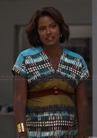 Viv’s blue printed v-neck dress on Bel-Air