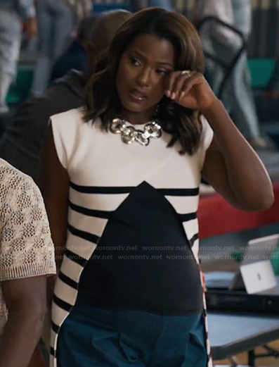 Viv’s white striped split front top on Bel-Air