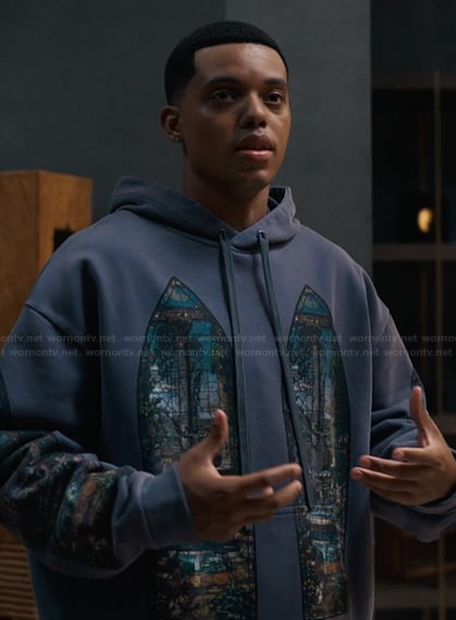 Will’s blue window motif print hoodie on Bel-Air