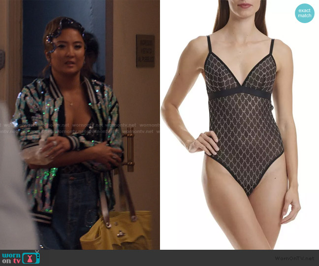Wolford Sheer Logo Sparkle Bodysuit worn by Mindy Chen (Ashley Park) on Emily in Paris