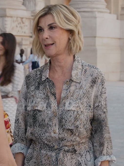 Yvette’s snakeskin print jumpsuit on Emily in Paris