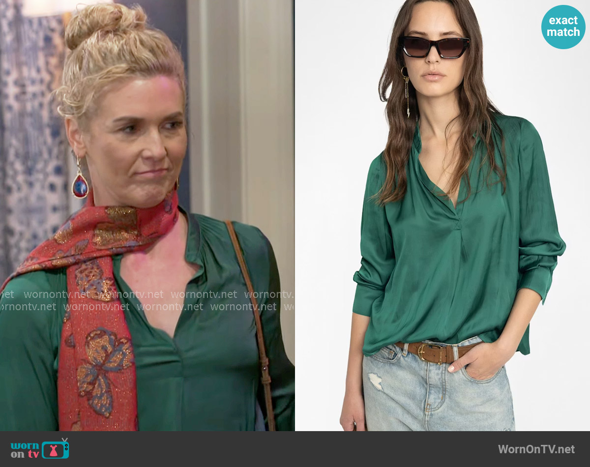 Zadig and Voltaire Tink Blouse in Emeraude worn by Jan Morgan (Jerri Tubbs) on Beyond the Gates