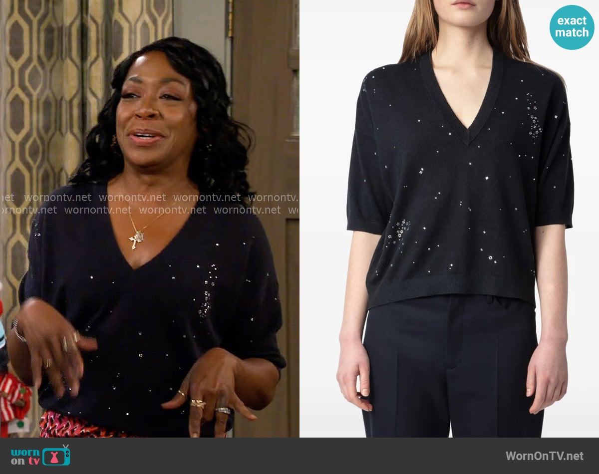 Zadig & Voltaire Wully Lico V Neck Sweater worn by Tina Butler (Tichina Arnold) on The Neighborhood